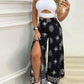 2 Pieces Outfit Sleeveless Hollow out Tank Top and Casual Floral Print Wide Leg Slit Pants Set