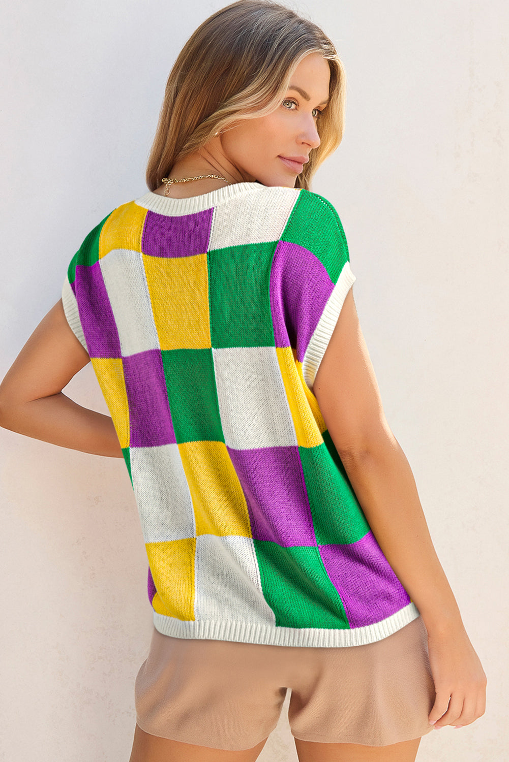 Tillandsia Purple Sequin Doughnut Graphic Colorblock Checkered Short Sleeve Sweater