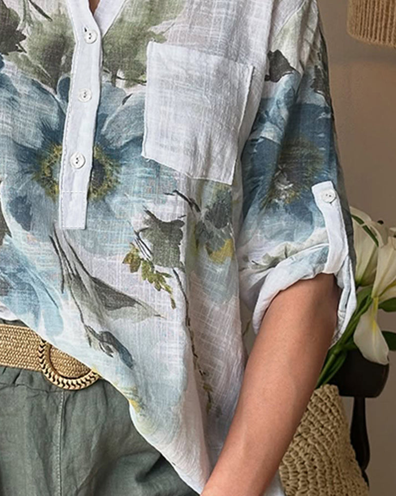 Ink Floral Print Textured Roll Up Sleeve Blouse Casual V Neck Pullover Top with Pocket