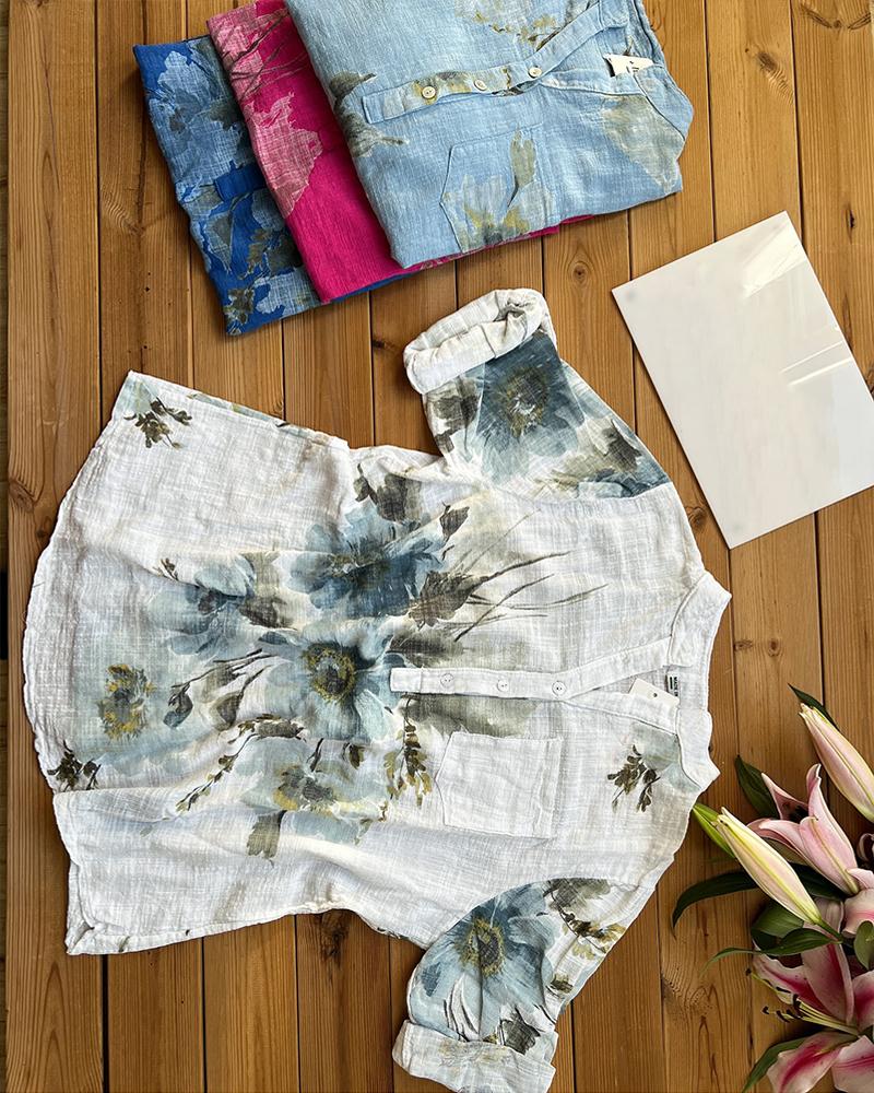 Ink Floral Print Textured Roll Up Sleeve Blouse Casual V Neck Pullover Top with Pocket