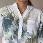 Ink Floral Print Textured Roll Up Sleeve Blouse Casual V Neck Pullover Top with Pocket