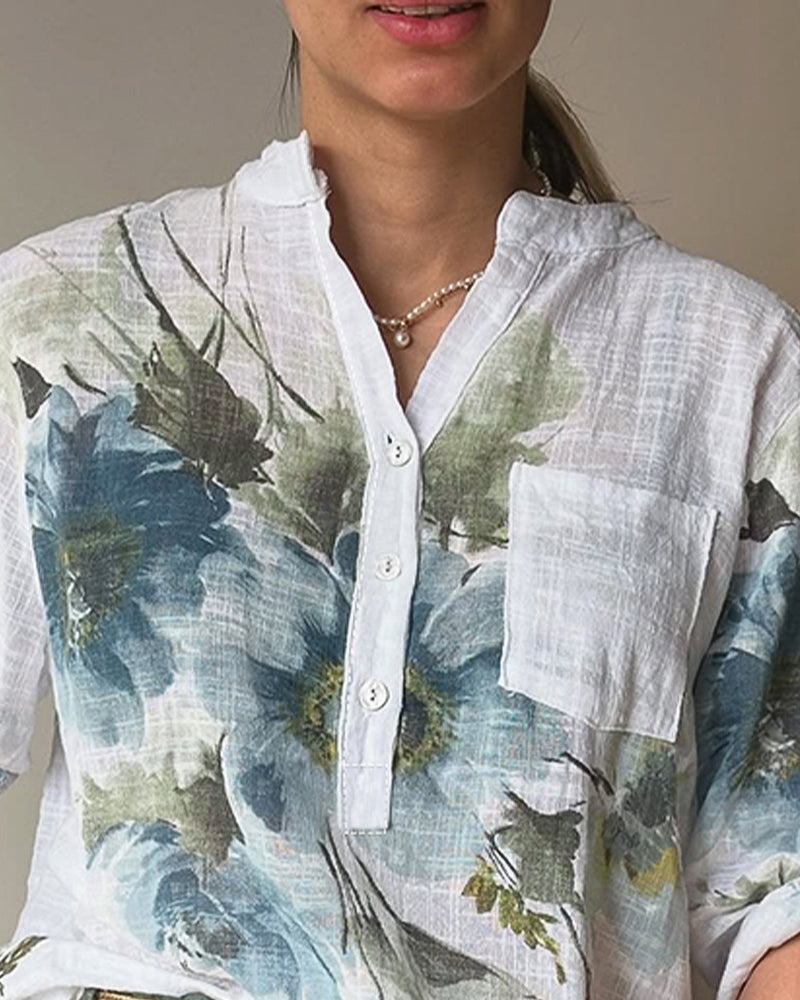 Ink Floral Print Textured Roll Up Sleeve Blouse Casual V Neck Pullover Top with Pocket