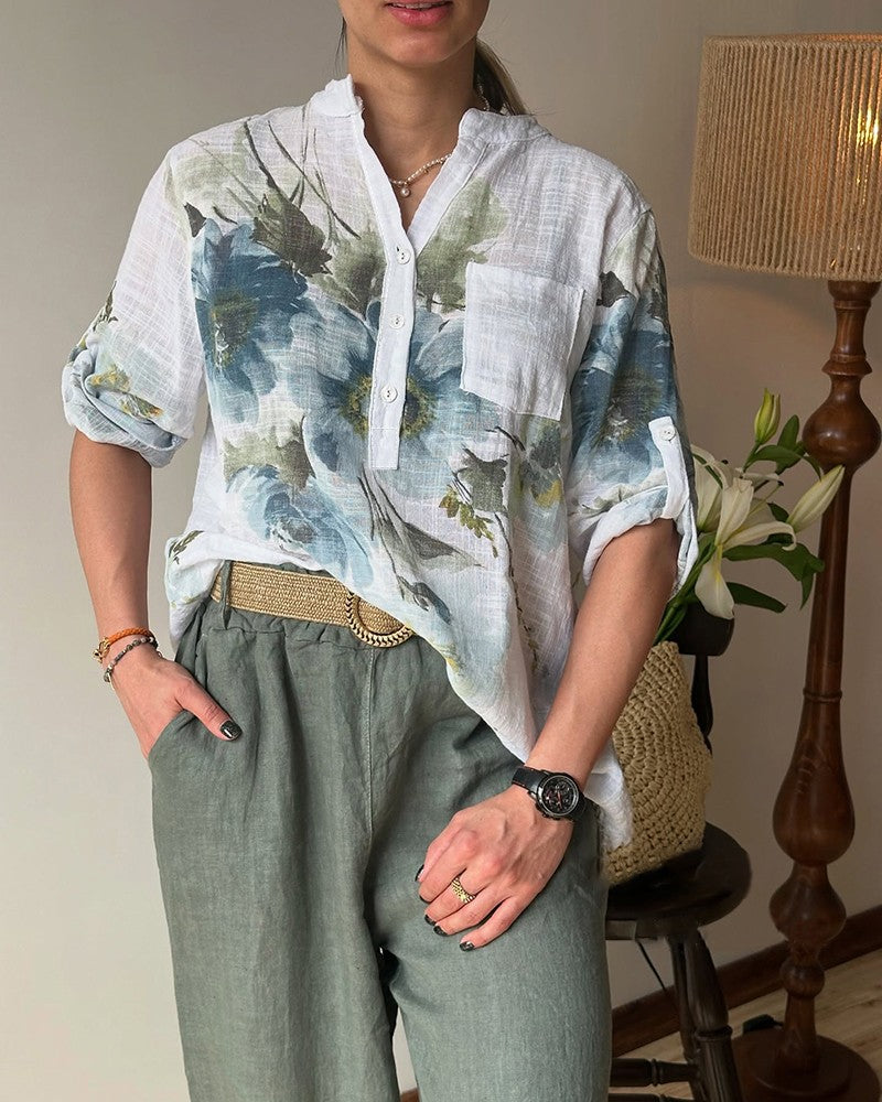 Ink Floral Print Textured Roll Up Sleeve Blouse Casual V Neck Pullover Top with Pocket