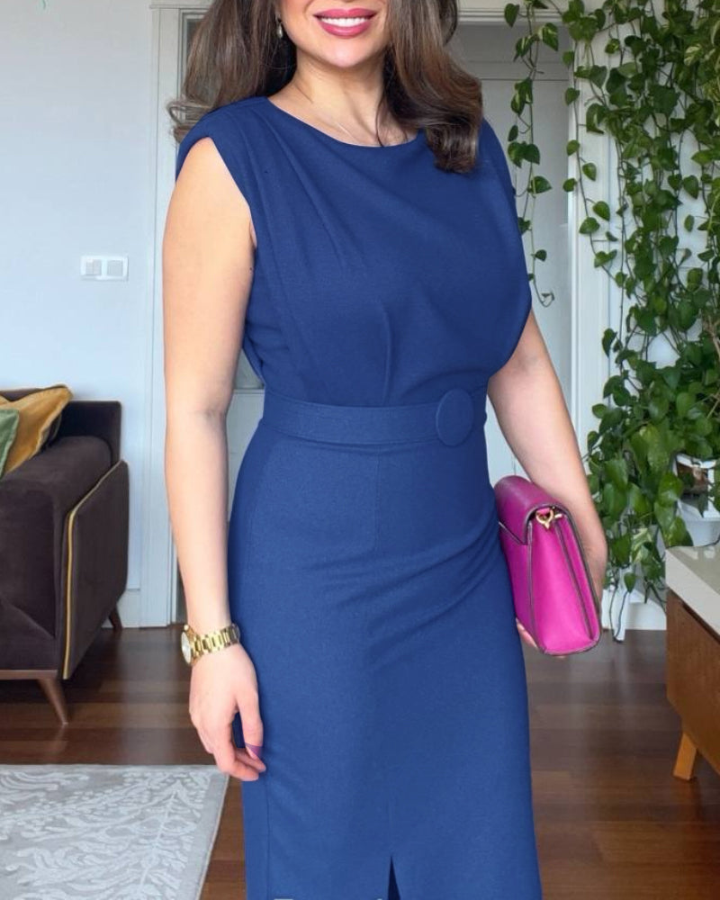 Round Neck Sleeveless Waist Ruched Slit Dress