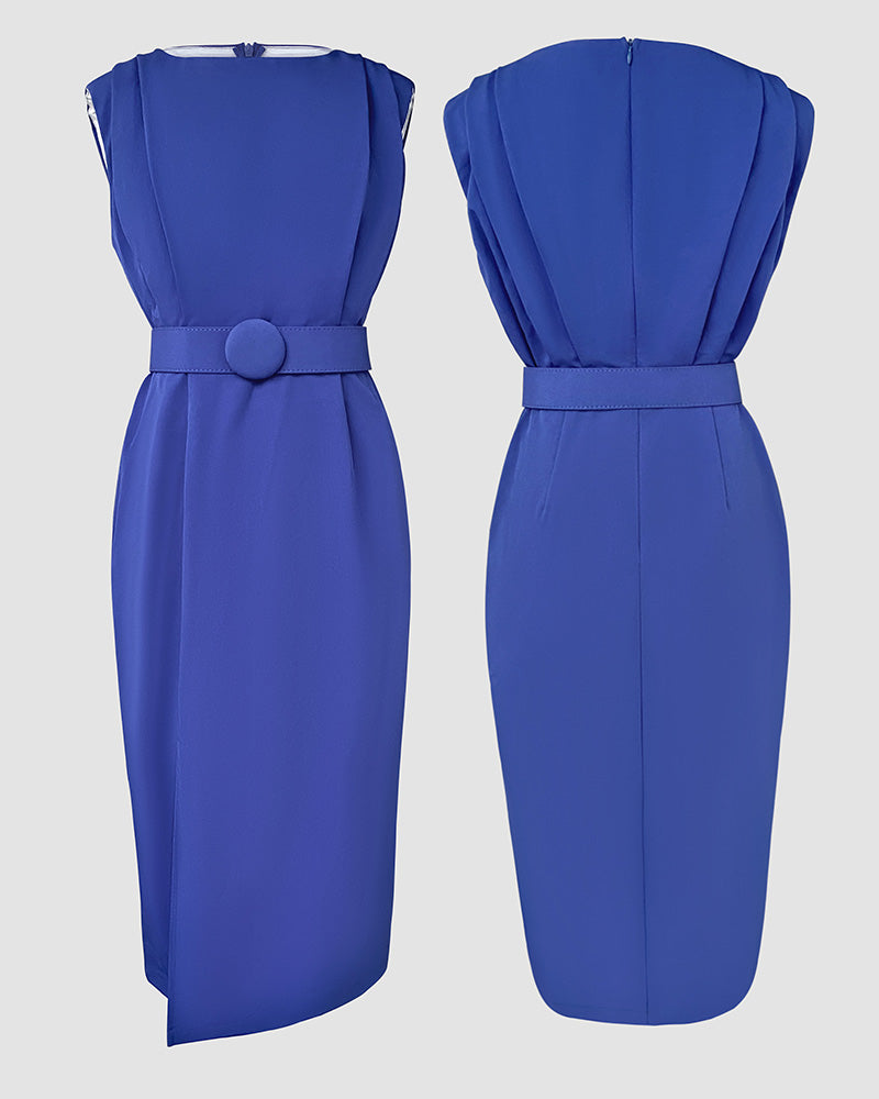 Round Neck Sleeveless Waist Ruched Slit Dress