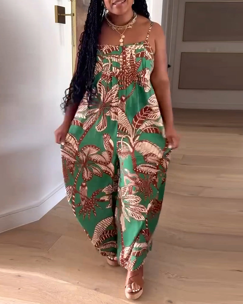 Tropical Print Spaghetti Strap Back Shirred Jumpsuit Casual Loose Fit Romper