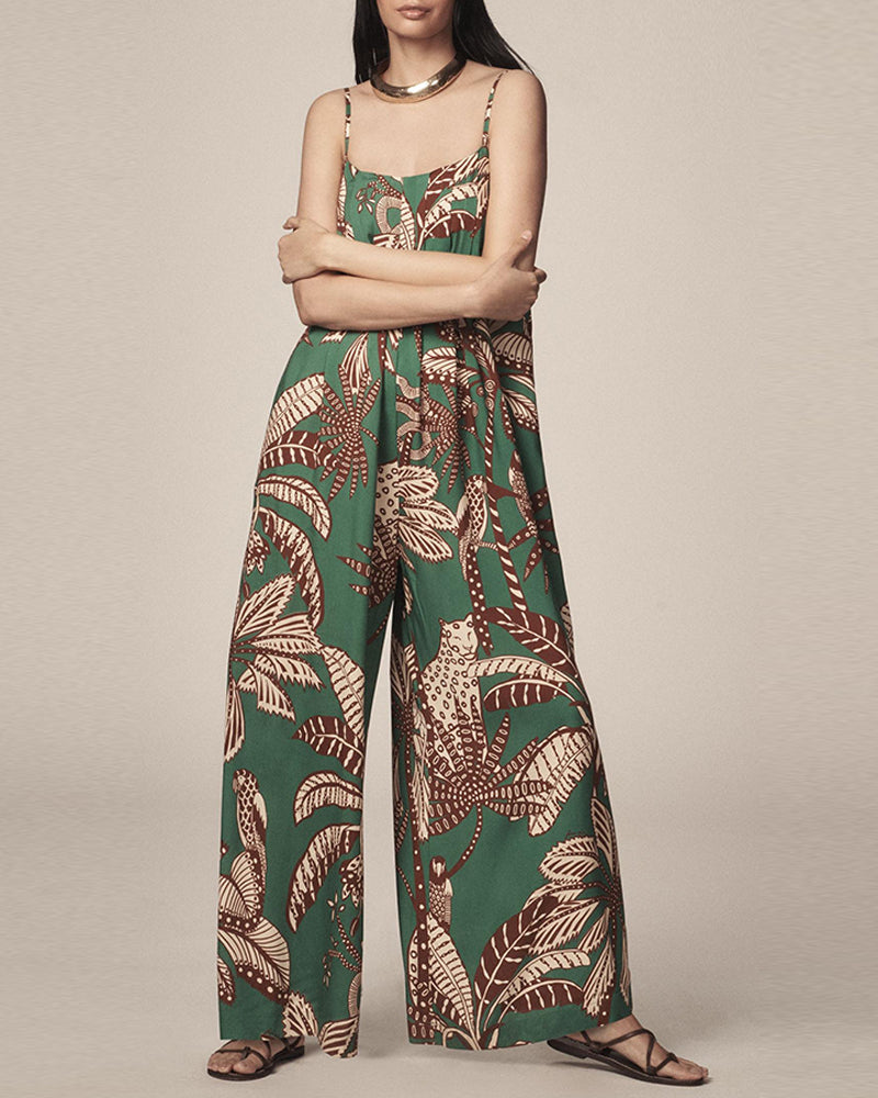 Tropical Print Spaghetti Strap Back Shirred Jumpsuit Casual Loose Fit Romper
