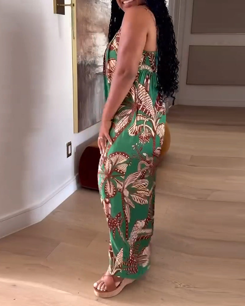 Tropical Print Spaghetti Strap Back Shirred Jumpsuit Casual Loose Fit Romper