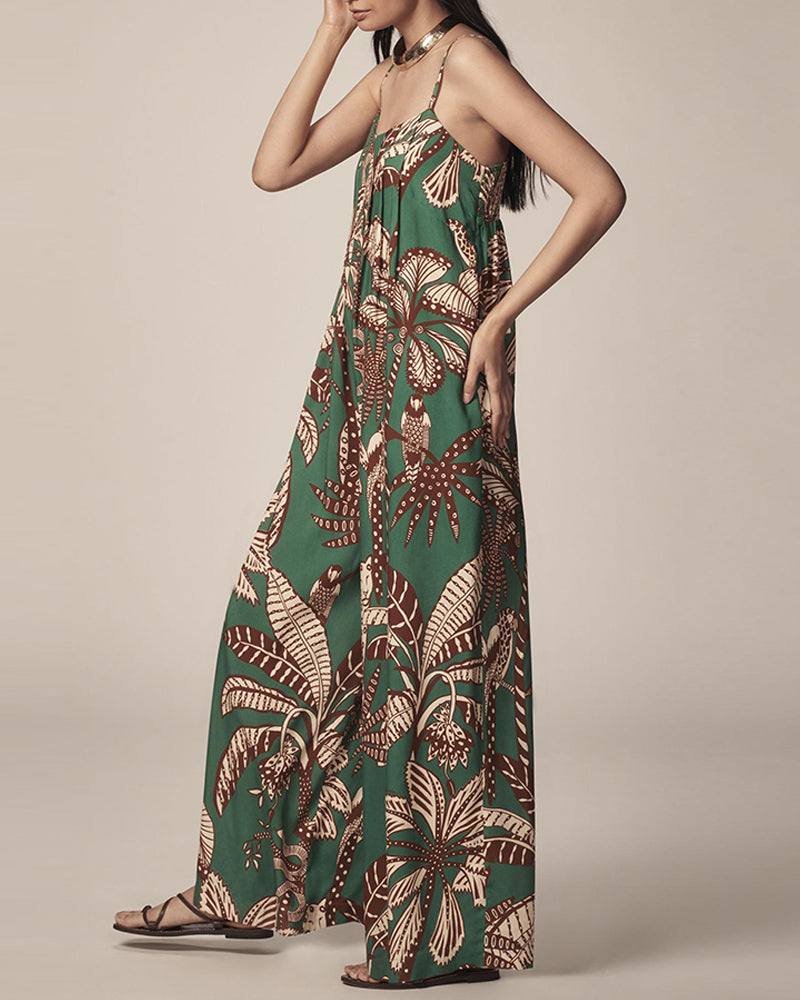 Tropical Print Spaghetti Strap Back Shirred Jumpsuit Casual Loose Fit Romper
