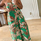 Tropical Print Spaghetti Strap Back Shirred Jumpsuit Casual Loose Fit Romper