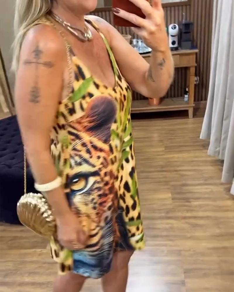 Tribal Print Plunge V Neck Spaghetti Strap Mini Dress Casual A Line Vacation Dress