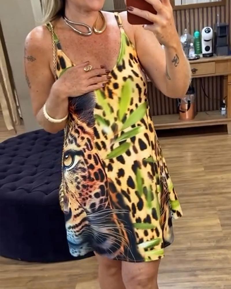 Tribal Print Plunge V Neck Spaghetti Strap Mini Dress Casual A Line Vacation Dress