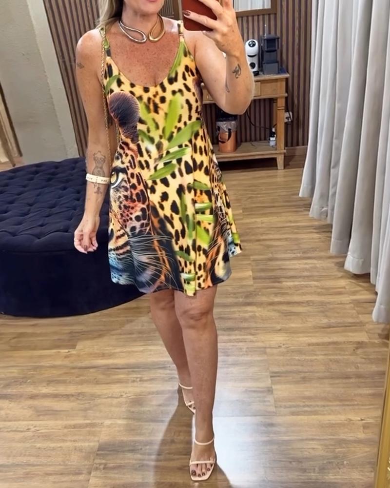 Tribal Print Plunge V Neck Spaghetti Strap Mini Dress Casual A Line Vacation Dress