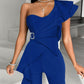 One Shoulder Ruched Buckled Ruffles Jumpsuit