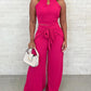 2 Pieces Summer Outfits Halter Sleevelss Hollow Out Top and Casual Faux Two Piece Tied Detail Wide Leg Pants Set