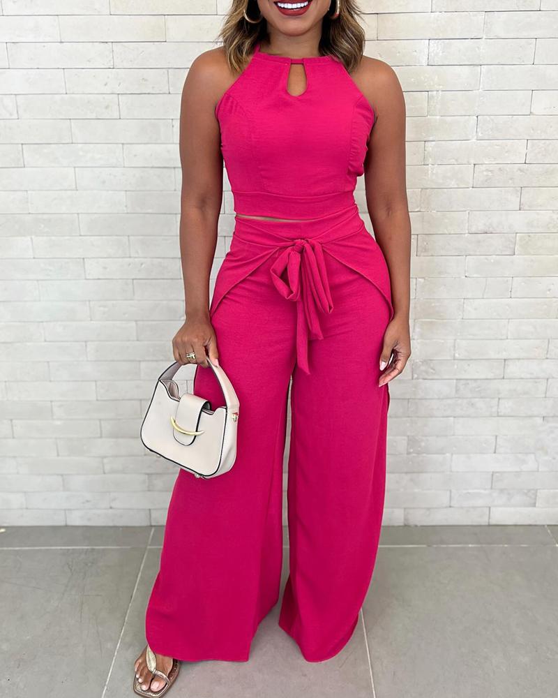 2 Pieces Summer Outfits Halter Sleevelss Hollow Out Top and Casual Faux Two Piece Tied Detail Wide Leg Pants Set