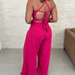 2 Pieces Summer Outfits Halter Sleevelss Hollow Out Top and Casual Faux Two Piece Tied Detail Wide Leg Pants Set