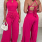 2 Pieces Summer Outfits Halter Sleevelss Hollow Out Top and Casual Faux Two Piece Tied Detail Wide Leg Pants Set