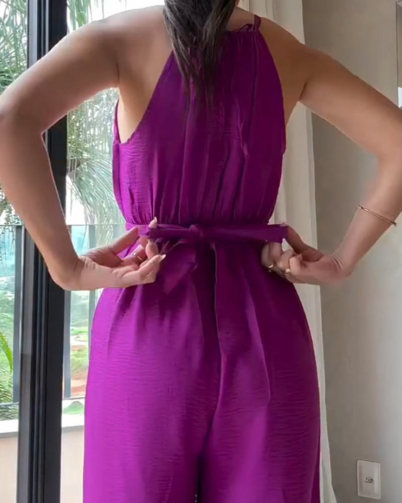 Halter Sleeveless Lace up Jumpsuit Casual Waist Ruched Loose Fit Romper