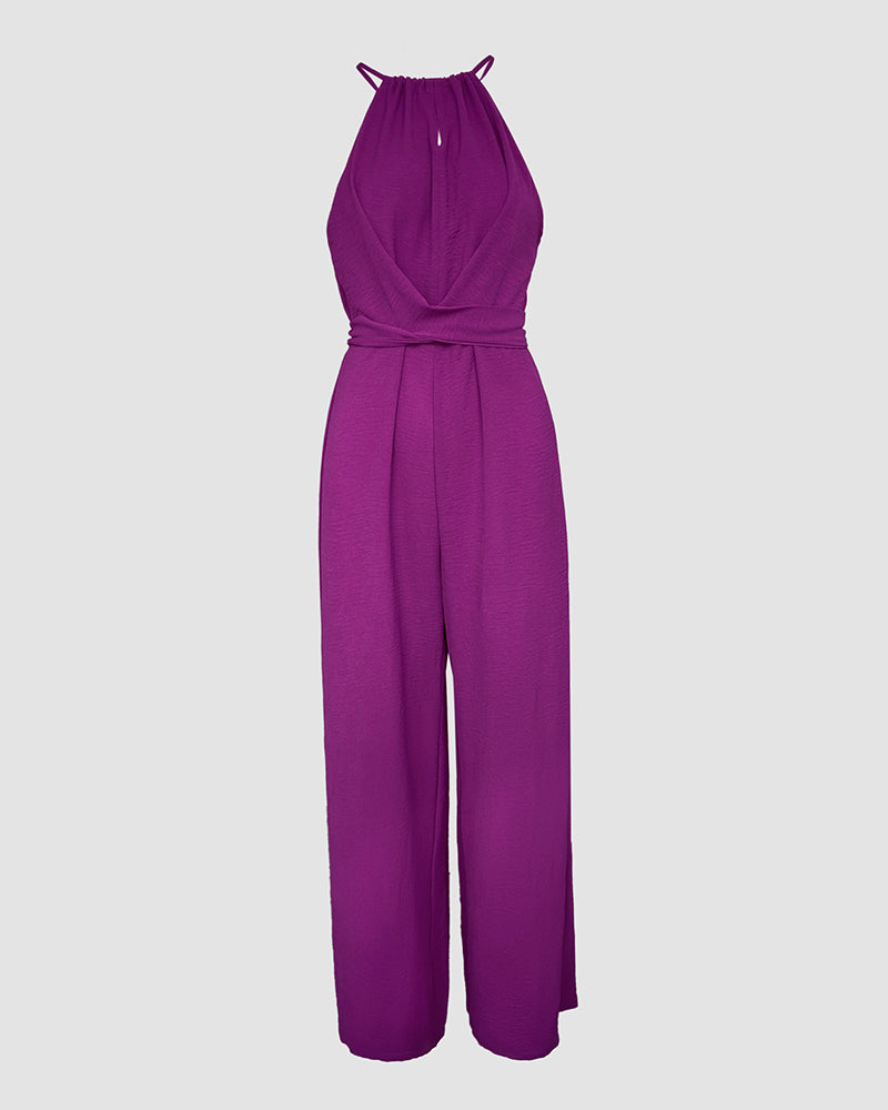 Halter Sleeveless Lace up Jumpsuit Casual Waist Ruched Loose Fit Romper