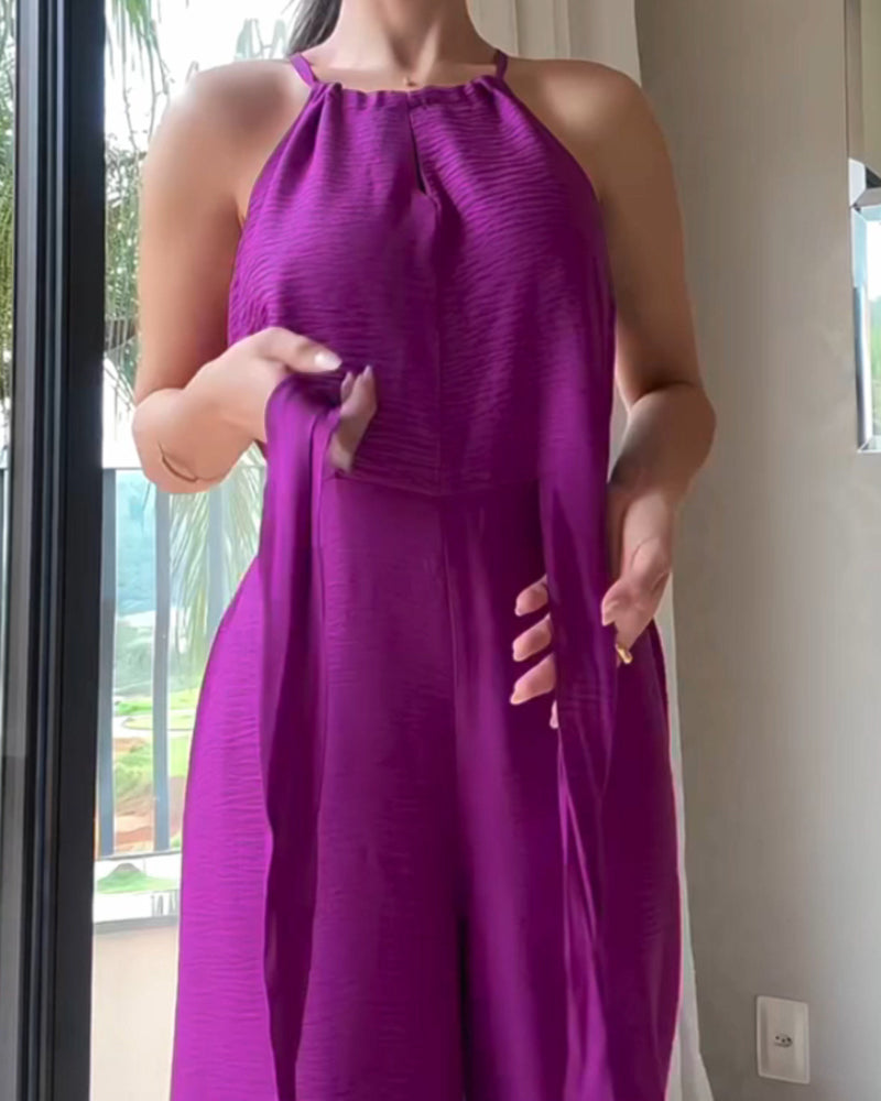 Halter Sleeveless Lace up Jumpsuit Casual Waist Ruched Loose Fit Romper