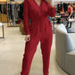Lapel V neck Collar Shirred Drawstring Waist Jumpsuit