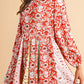 Red Colorful Floral Patchwork Long Sleeve Pleated Mini Dress