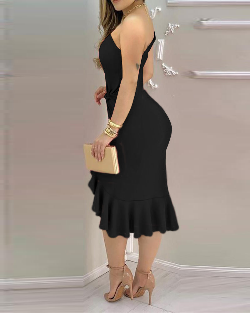 One Shoulder Ruffle Hem Asymmetrical Twist Slit Dress