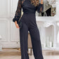 Contrast Lace Stand Collar Tied Detail Backless Straight Pants Lantern Sleeve Jumpsuit Elegant Overall
