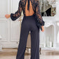Contrast Lace Stand Collar Tied Detail Backless Straight Pants Lantern Sleeve Jumpsuit Elegant Overall
