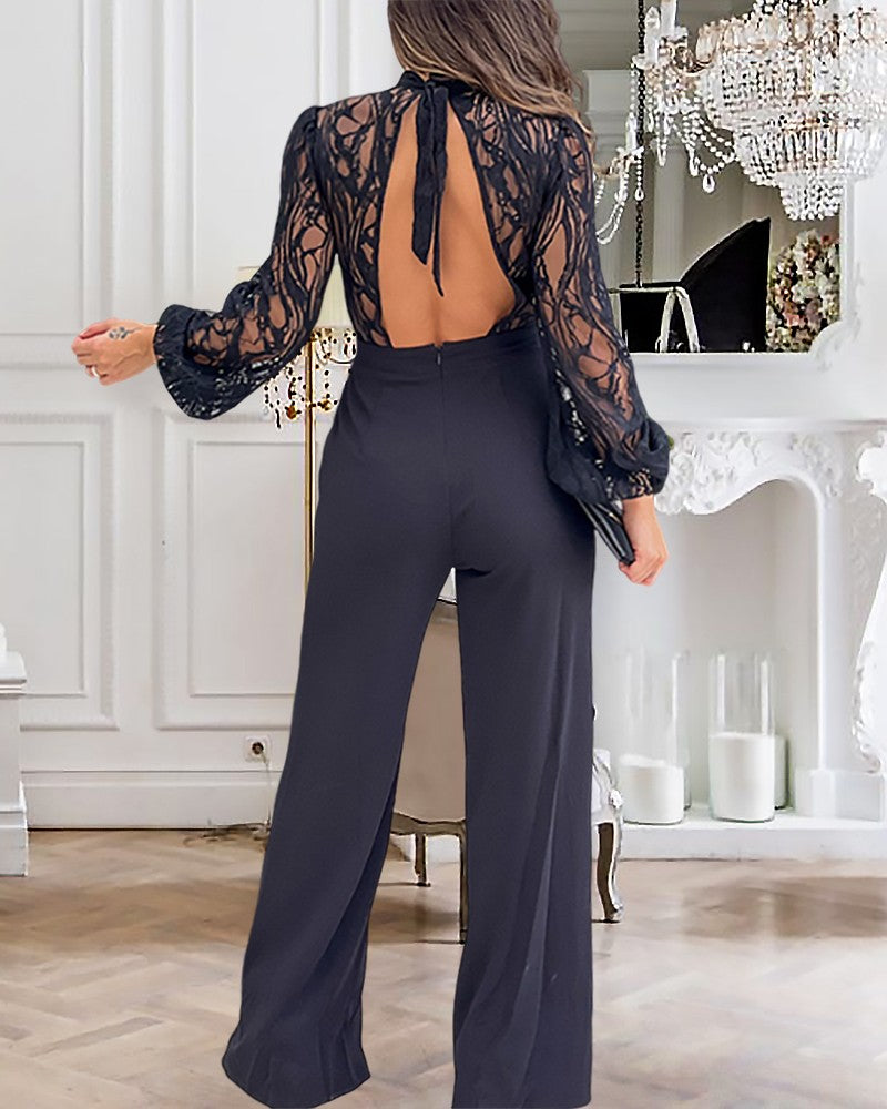 Contrast Lace Stand Collar Tied Detail Backless Straight Pants Lantern Sleeve Jumpsuit Elegant Overall