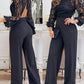 Contrast Lace Stand Collar Tied Detail Backless Straight Pants Lantern Sleeve Jumpsuit Elegant Overall
