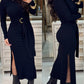 High Neck Long Sleeve Waist Metal Decor Tied Detail Dress Casual Slim Fit Bodycon Slit Midi Dress