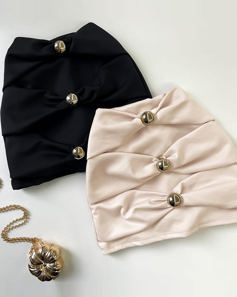 High Waist Ruched Metal Button Decor Skirt Casual Slim Fit Bodycoon Skirt