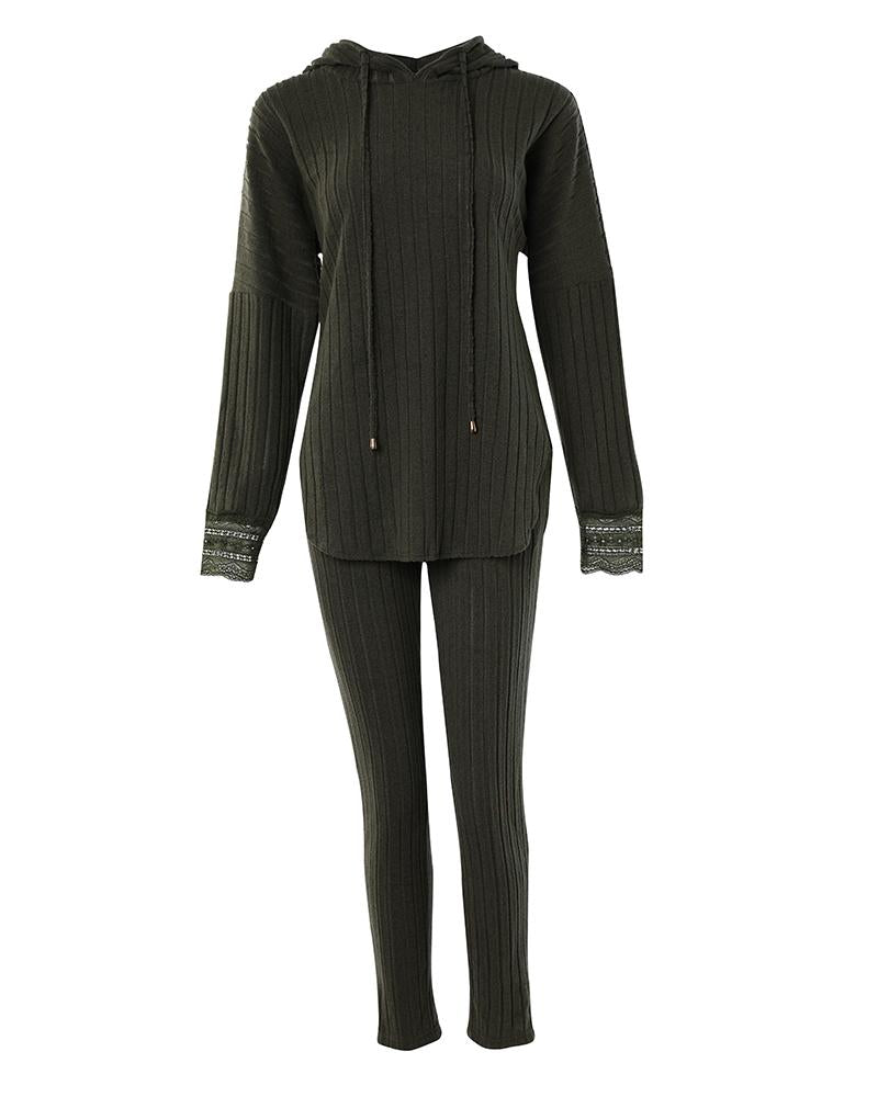 Lace Patch Ribbed Hooded Top & Pocket Design Pants Set