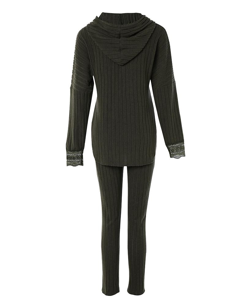 Lace Patch Ribbed Hooded Top & Pocket Design Pants Set