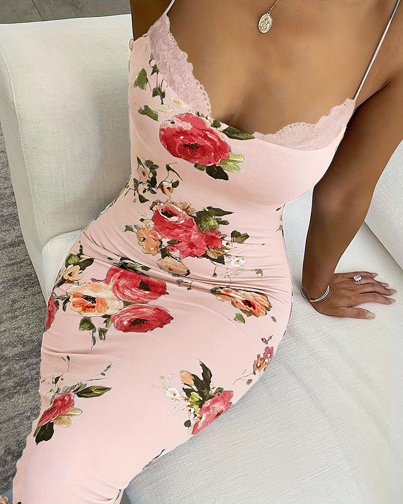 Lace Trim Spaghetti Strap Floral Print Dress