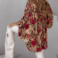 Colorblock Leopard Print Stand Collar Casual Blouse Lantern Sleeve Loose Fit Top