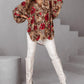 Colorblock Leopard Print Stand Collar Casual Blouse Lantern Sleeve Loose Fit Top