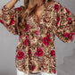 Colorblock Leopard Print Stand Collar Casual Blouse Lantern Sleeve Loose Fit Top