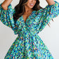 Green Abstract Print Puff Sleeve V Neck High Waist Romper
