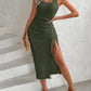Ribbed Sleeveless Drawstring Ruched High Slit Dress