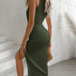 Ribbed Sleeveless Drawstring Ruched High Slit Dress