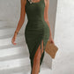 Ribbed Sleeveless Drawstring Ruched High Slit Dress
