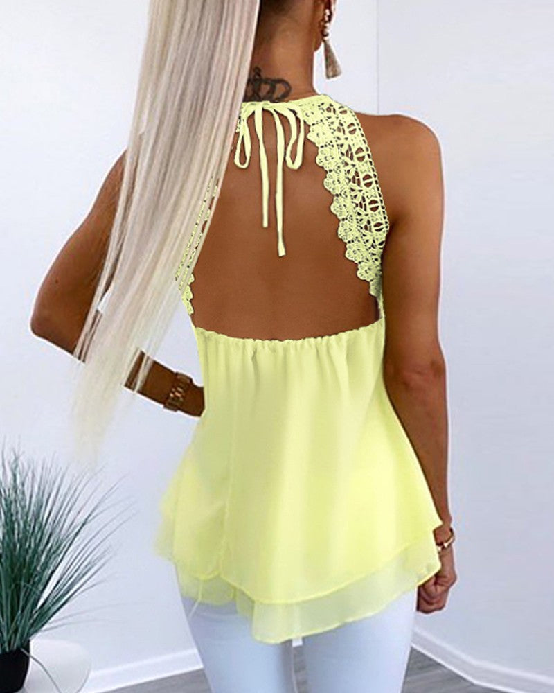 Contrast Lace Tied Detail Chiffon Top