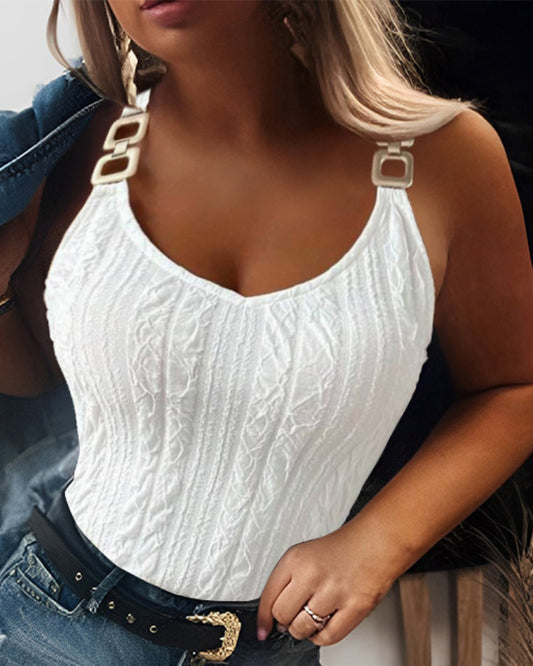 V Neck Buckle Texture Slim Fit Sleeveless Tank Top