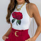 Rose Print Tank Top & Pocket Design Shorts Set With Belt