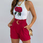 Rose Print Tank Top & Pocket Design Shorts Set With Belt