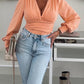 Plunge V Neck Lantern Sleeve Ruched Blouse Casual Slim Fit Bodysuit Top