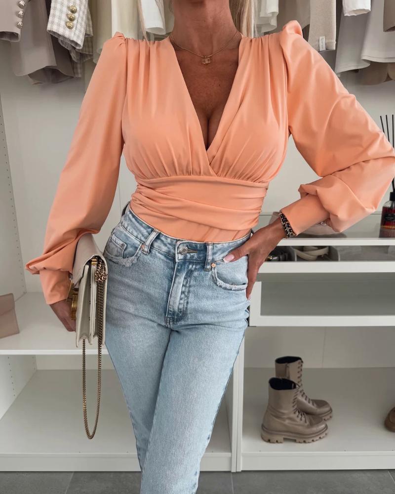 Plunge V Neck Lantern Sleeve Ruched Blouse Casual Slim Fit Bodysuit Top